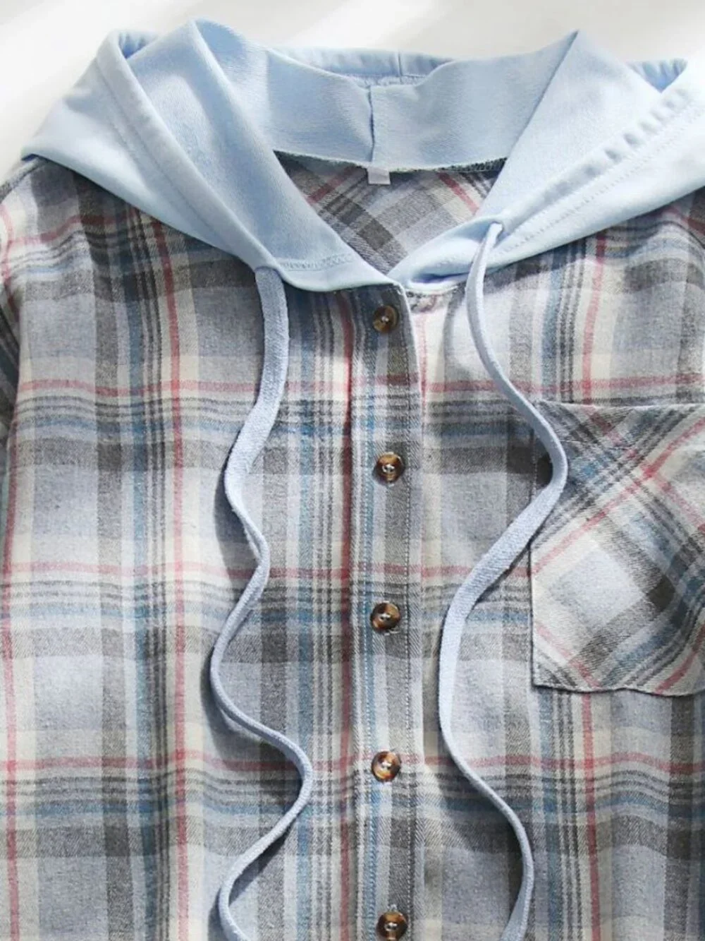 Women's Sky Blue Plaid Hooded Pullover Shirt Casual Long Sleeve Top